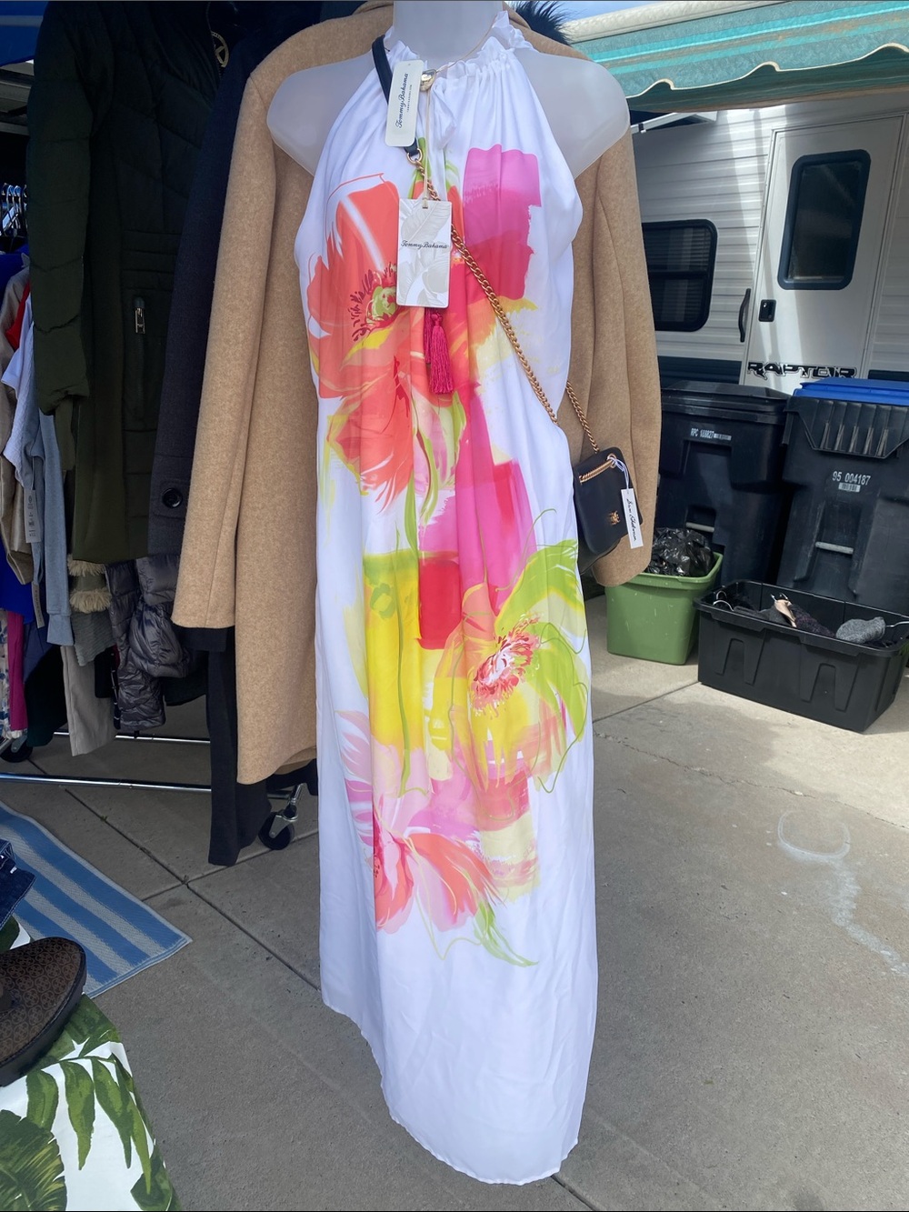 Tommy Bahama White Halter Maxi Dress with Pink, Yellow & Green Floral Print